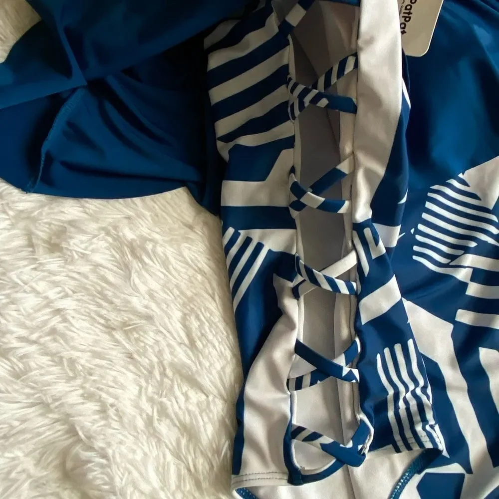 Patpat One Piece Swimsuit Blue‎ White Striped Ruffle Top Open Sides Womens Large